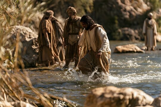Jesus and disciples wading through the jordan river during a baptism ceremony