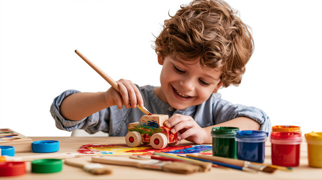 Happy little boy painting a wooden toy car with colorful paints on a classroom table, creative learning and kids craft activity concept.