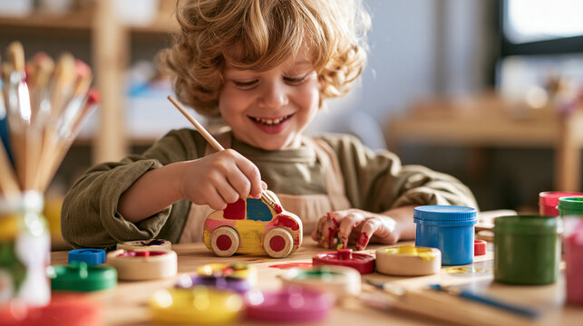 Happy little boy painting a wooden toy car with colorful paints on a classroom table, creative learning and kids craft activity concept.