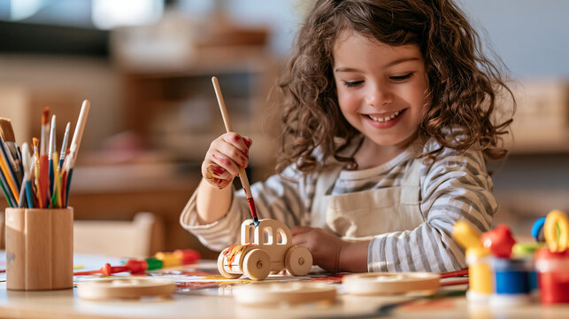Happy little boy painting a wooden toy car with colorful paints on a classroom table, creative learning and kids craft activity concept.