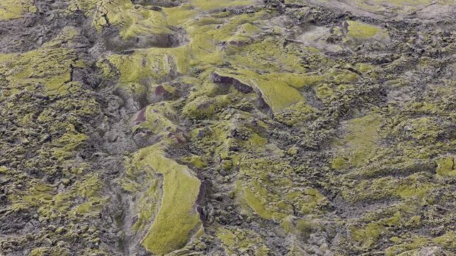 Aerial view of green mossy volcanic landscape and lava fields in Iceland. (73 karakter)
