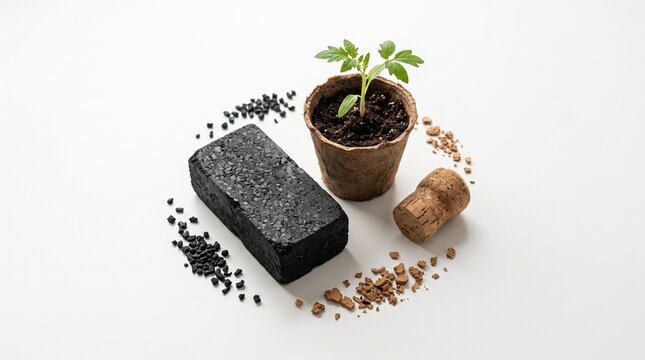 Biochar soil amendment for sustainable gardening, organic plant seedling in peat pot, carbon sequestration charcoal for agriculture isolated on White Background