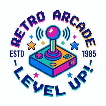 A vibrant retro arcade joystick design, symbolizing classic gaming culture with bold colors, showcasing the nostalgia of gaming since 1985 at a vintage arcade.