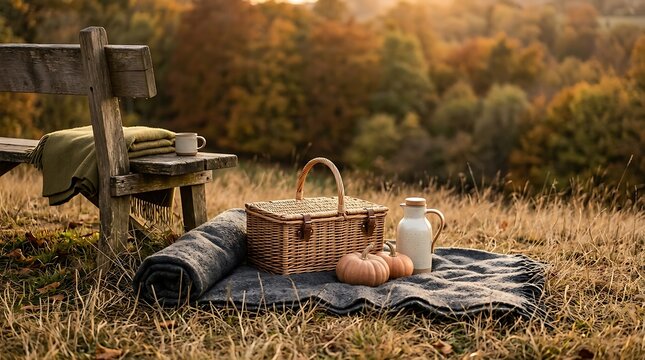 Autumn picnic setup with wicker basket and pumpkins on a blanket in a golden meadow