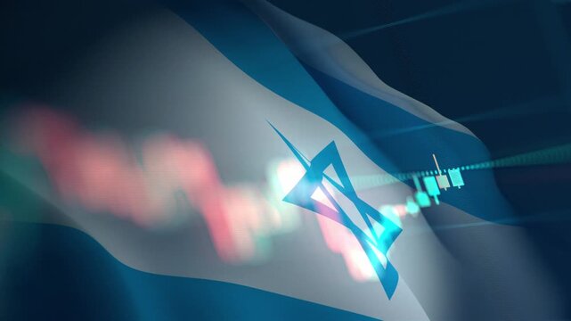 A dynamic timelapse video featuring fast moving stock market candlestick bars blended with a waving Israeli flag, representing Israel economy, Tel Aviv financial markets, and trading dynamics.