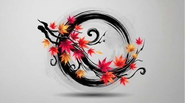 Black ink brush circle with japanese calligraphy and red maple leaves for autumn equinox day vector illustration