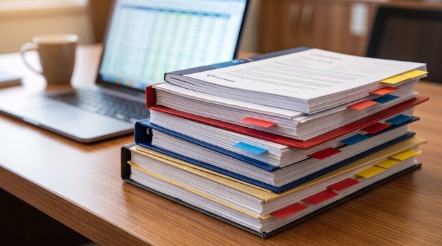 Stack of organized business binders and reports on a wooden desk with a laptop computer with stack colorful document binders indexed tabs sits wooden office desk next open laptop