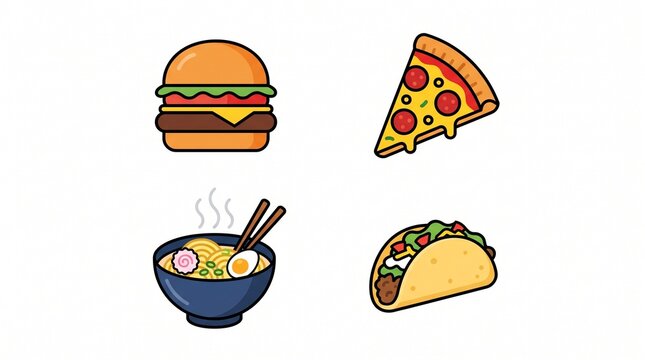 Fast food and popular dishes vector icon set burger pepperoni pizza ramen noodle bowl and Mexican taco