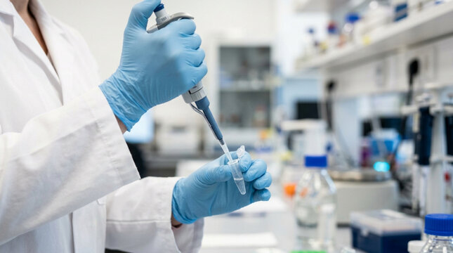 Scientist uses pipette in laboratory for medical research and drug development
