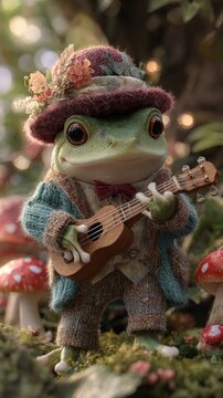 An anthropomorphic green frog wearing a flowered hat and knit clothes plays a small guitar against a blurred forest background.