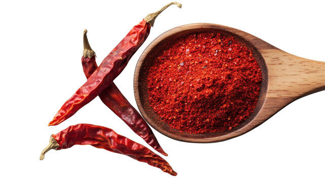 Red chili powder on wooden spoon with dried peppers isolated on a transparent background