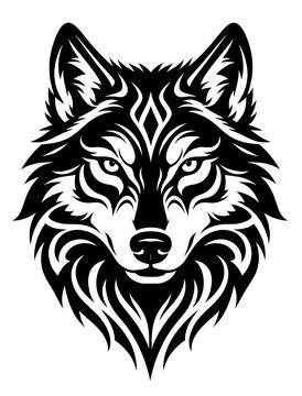 Intricate tribal-inspired black and white portrait of a wolf face with bold clean lines and detailed symmetrical patterns.