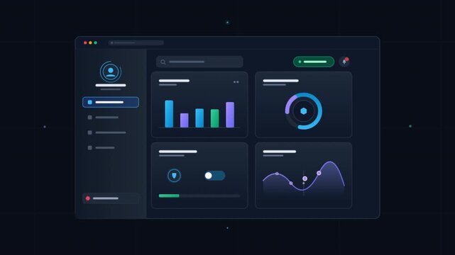 Futuristic dark mode dashboard interface, digital data visualization with colorful charts and graphs, modern UI UX software control panel