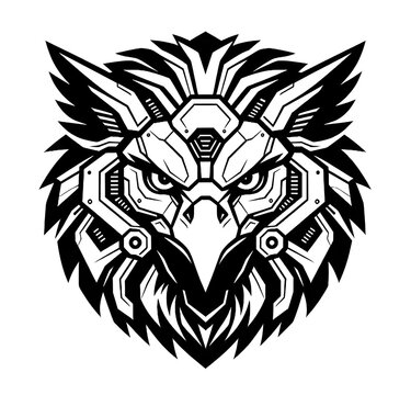 Black and white illustration of an eagle head fused with robotic cybernetic armor and sharp geometric details.