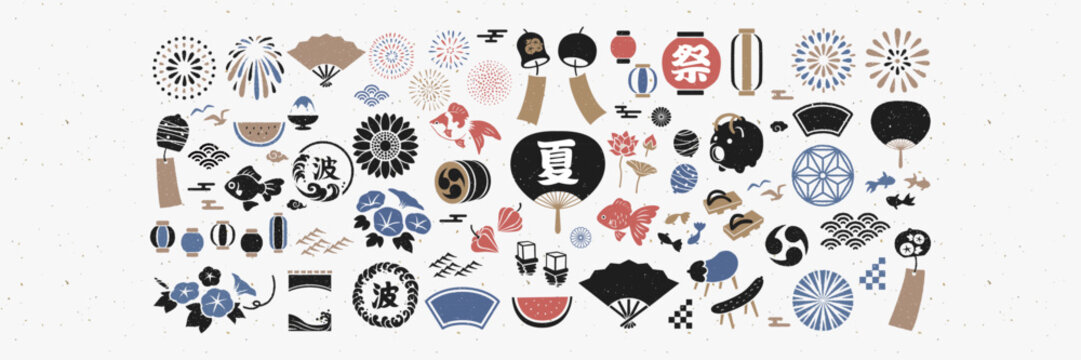 Japanese Summer Material Set: Vector illustrations of summer festival icons, noshi (decorative paper wrapping), and Japanese pattern frames.