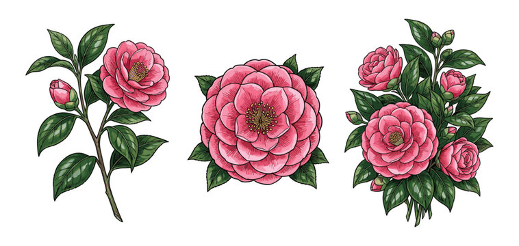 camellia flower pink color botanical vector illustration, blooming floral plant decor.