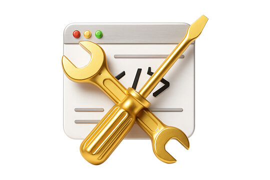 Golden Wrench and Screwdriver Over Code in Web Browser Window Isolated on a Transparent Background