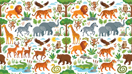 Fototapeta premium Seamless pattern of wild animals in a jungle setting featuring lions tigers elephants and monkeys vector illustration
