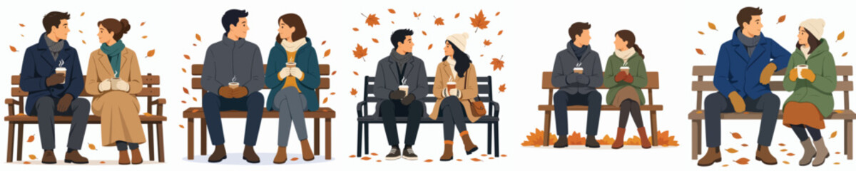 Obraz premium Flat vector illustration of a couple sitting on bench park drinking hot coffee in autumn