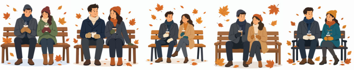 Obraz premium Flat vector illustration of a couple sitting on bench park drinking hot coffee in autumn