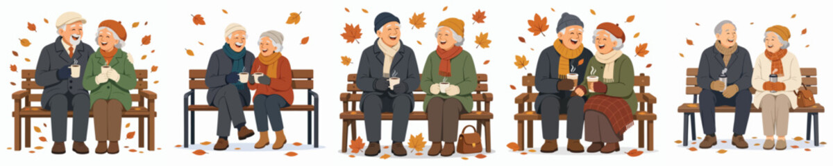 Fototapeta premium Flat vector illustration of a old couple sitting on bench park drinking hot coffee in autumn