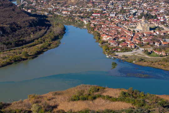 The confluence of the Kura and Aragvi rivers in Georgia, near the city Mtskheta