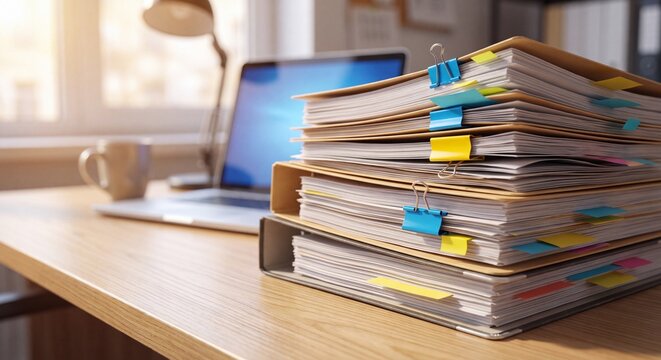 Stack of documents with colorful paper clips and tabs on a wooden office desk with tall stack organized paperwork secured binder clips sits wooden desk next laptop administration