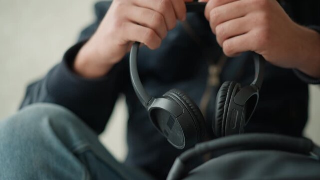 Close up of person holding black over ear headphones focusing on hands and ear cups. person wears blue jeans visible in lower frame with soft lighting creating gentle shadows. Background