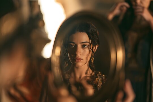 Young woman looking at her reflection in an ornate antique mirror in a dimly lit room