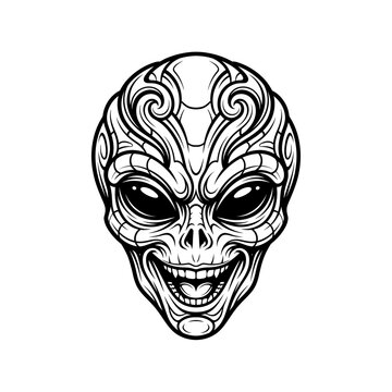 This striking illustration depicts an alien face adorned with intricate patterns and lines, capturing the imaginative essence of extraterrestrial life and sparking curiosity and wonder.