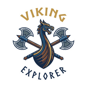This logo combines Viking imagery with crossed axes and a dragon emblem, capturing the adventurous spirit of exploration and the fierce heritage of Viking culture.