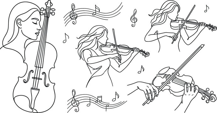 Classical Music Violinist Vector Illustration Set with Female Musicians Playing Violin, Musical Notes, Clefs, and Detailed Instrument Playing Hands Line Art