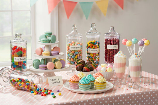 Colorful birthday candy buffet table with glass jars and cupcakes birthday cupcakes