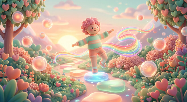 Playful wellness figure balancing on glowing stones with heart foliage, breathing orbs, and rainbow motion trails
