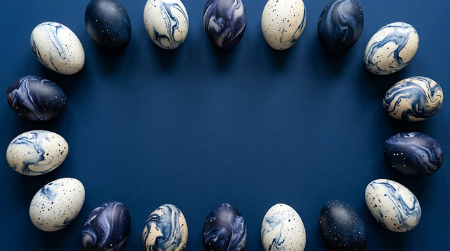 Frame of marble patterned easter eggs in shades of blue and white arranged on a dark blue background, with space for, holiday text messages