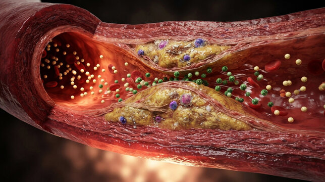 Coronary artery cutaway with atherosclerotic plaque, LDL particles, HDL cleanup spheres, and narrowed blood flow.