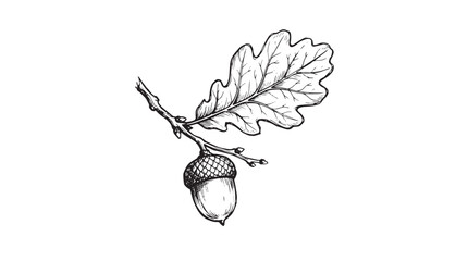 Vintage oak branch with acorn and leaf vector, hand drawn botanical illustration, black and white forest nut sketch © Sabir