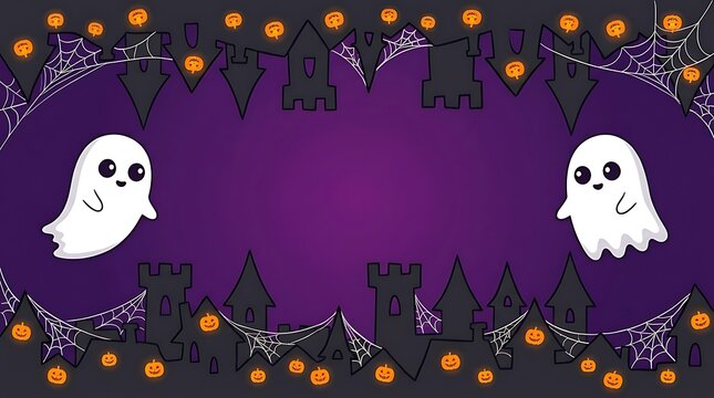 Halloween border frame with cute ghosts, spooky castle silhouettes, spider webs, and small pumpkins on a dark purple background