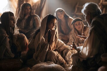 Fototapeta premium A group of people in ancient attire gathered together in a dimly lit room, engaged in a serious conversation