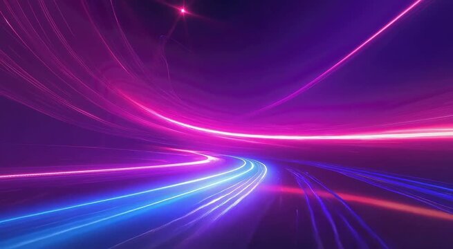 Vibrant neon light trails forming a futuristic curved pathway in purple, pink and blue