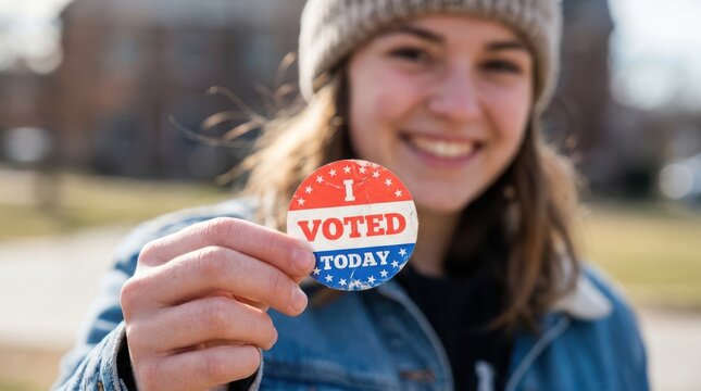 Happy young woman holding an i voted today sticker badge with a proud smile while standing outdoors during a cold autumn election day