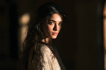 Fototapeta premium Close up portrait of a beautiful woman with dark wavy hair and warm cinematic lighting