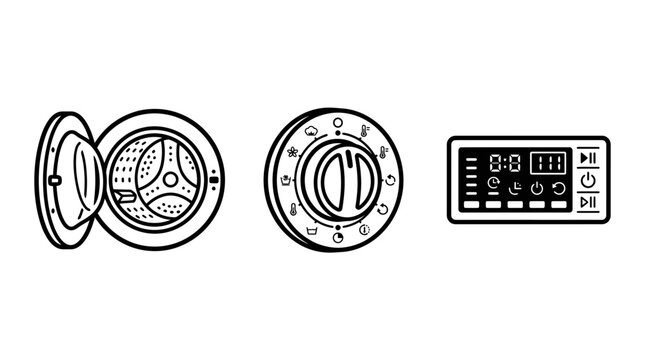 Washing machine control panel vector icons set featuring drum door rotary dial knob and digital display interface