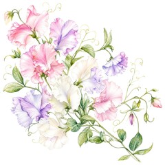 Fototapeta premium Watercolor Sweet Pea Corner Spray with Trailing Stems