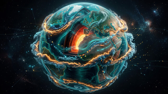 Translucent Earth cutaway with atmospheric circulation, ocean layers, suspended aerosol clouds, and glowing monitoring nodes for climate systems research.