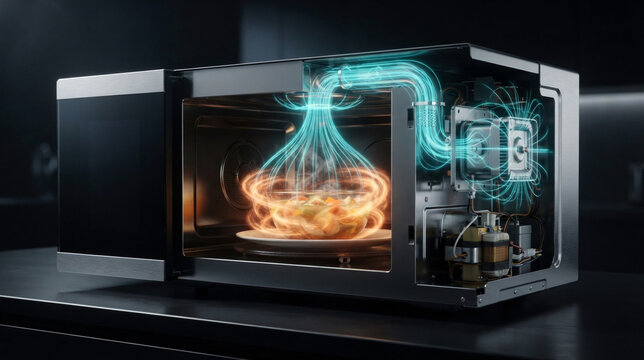Transparent microwave cutaway showing magnetron, waveguide, reflective cavity, and electromagnetic heating zone with thermal glow.