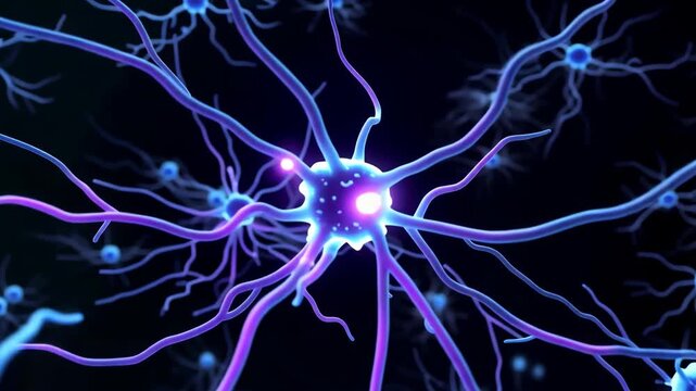 Neurons with glowing synapses interconnected in a vibrant blue and purple network, showcasing the intricate structure of the nervous system in a dark background