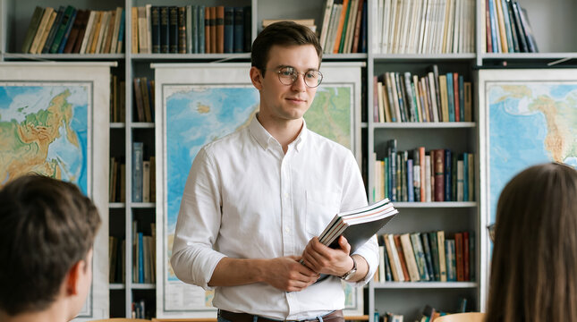 Male teacher explaining lesson presenting to students inside modern classroom