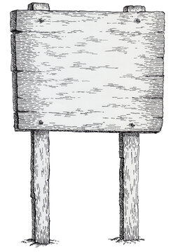 Large wooden sign. Hand-drawn ink illustration of a large wooden sign.