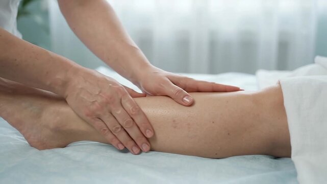 Therapist performs manual lymphatic drainage massage on a woman's lower leg and ankle on a treatment bed, using gentle hand pressure for wellness, circulation, swelling reduction, and recovery.